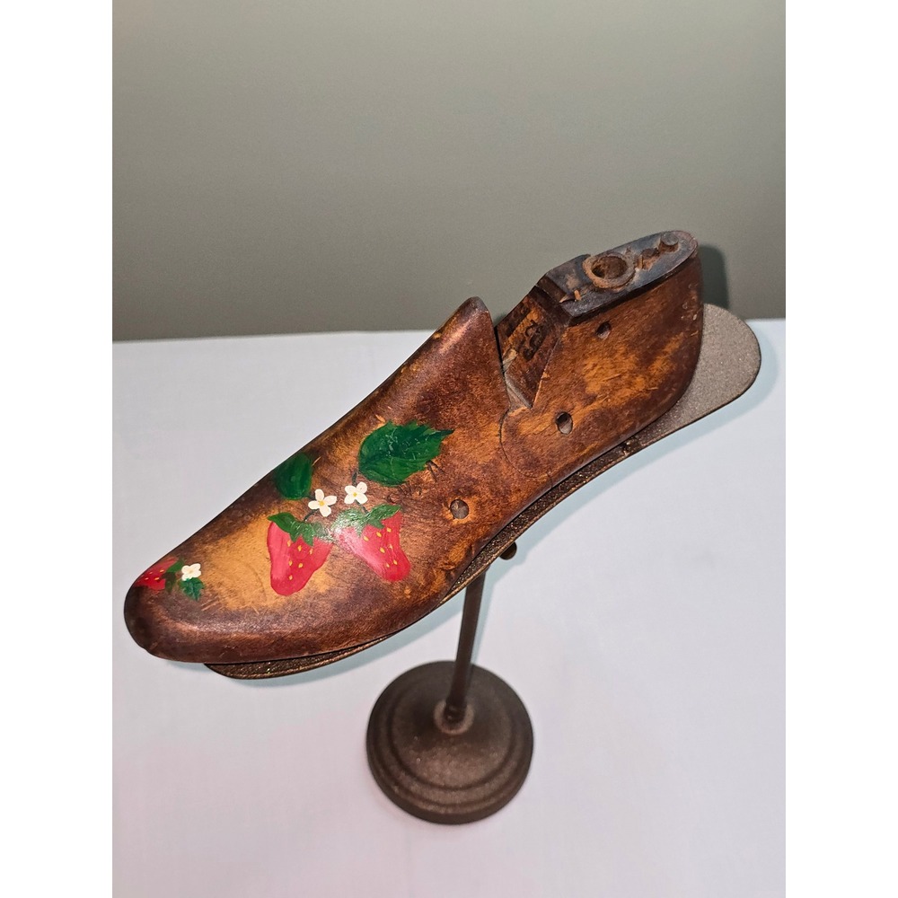 Vintage Hand Painted Wooden Shoe Last Strawberry Folk Art Cobbler Mold Decor